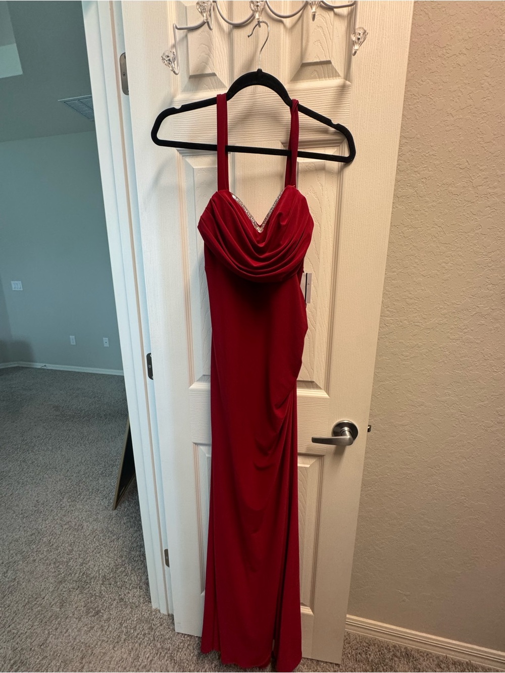 Morgan & Co. Red Draped Cowl Neck Evening Gown